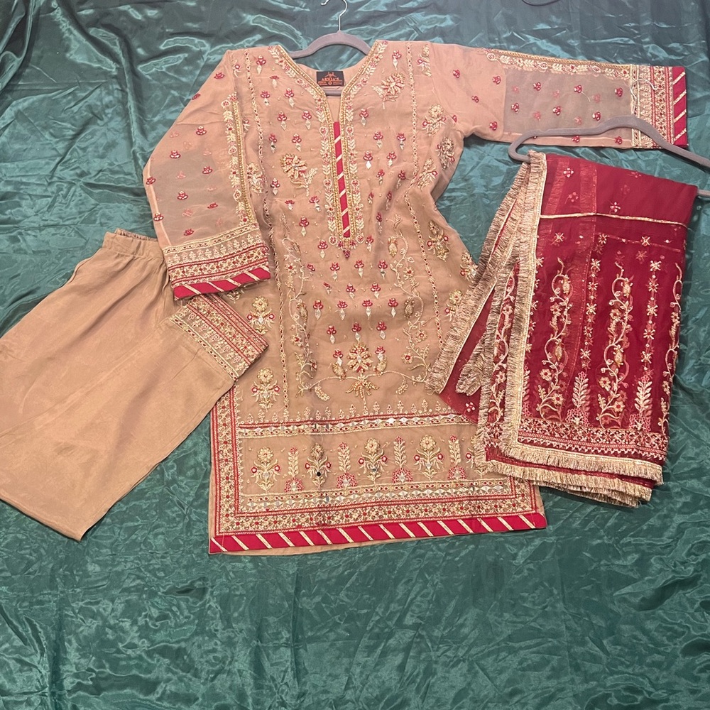 Fancy Beige & Red Mirrorwork & Embroidered 3 Piece Set